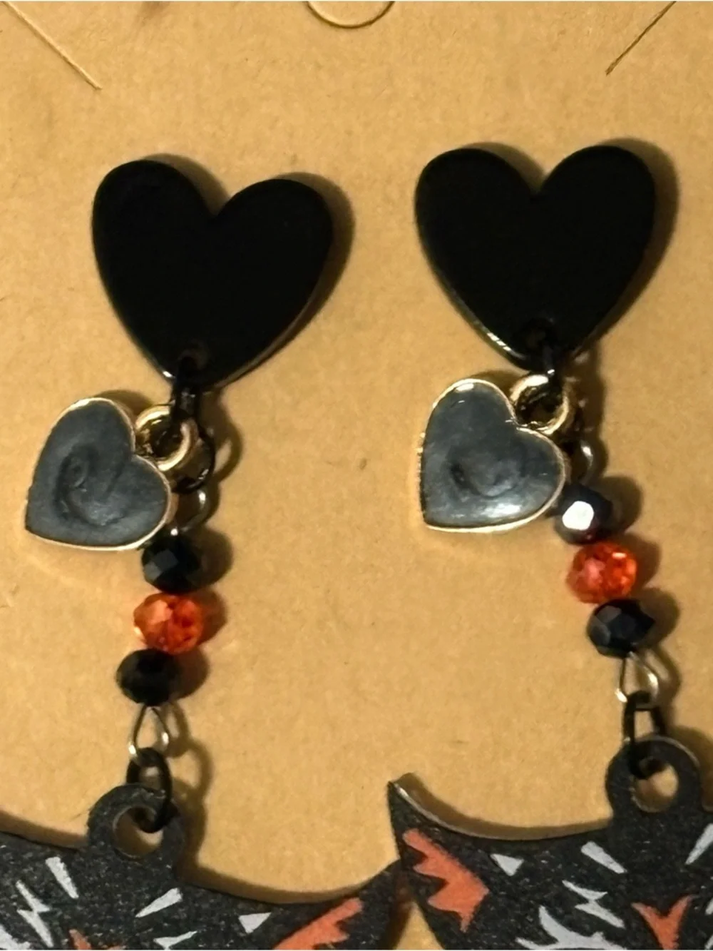 Black Cat Heart Dangle Earrings - Halloween Spooky Cat Jewelry